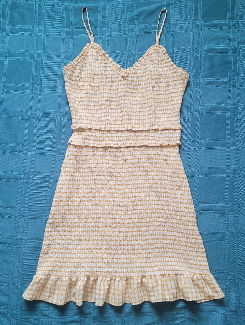 Skies Are Blue Smocked Gingham Dress Size L Yellow White Stripe Cottagecore